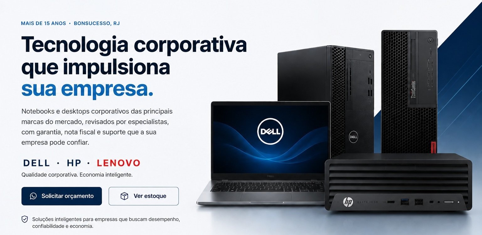 Tecnologia corporativa que impulsiona sua empresa — notebooks e desktops corporativos Dell, HP e Lenovo revisados, com garantia, nota fiscal e suporte. RDO Informática, Bonsucesso · RJ.