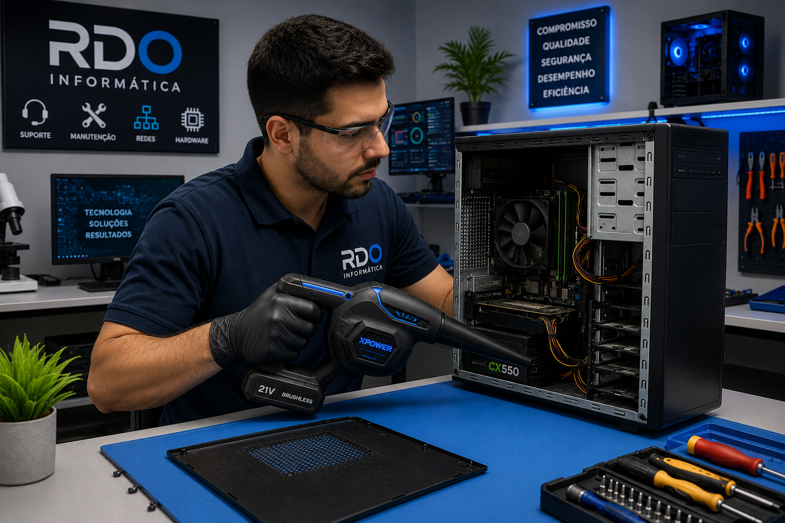 Técnico da RDO Informática fazendo manutenção em computador