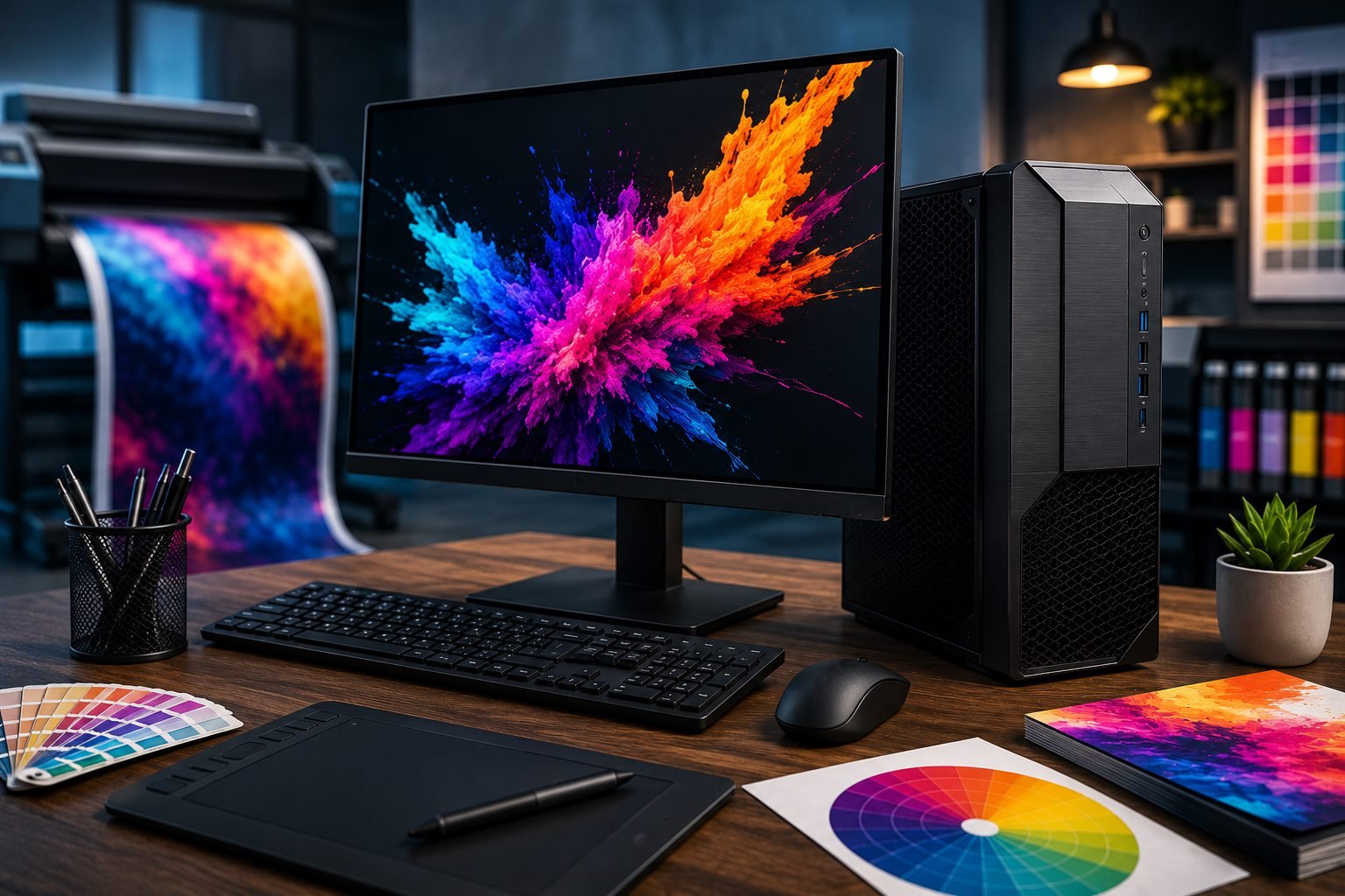 Estação de trabalho de gráfica rápida com computador, monitor e impressora