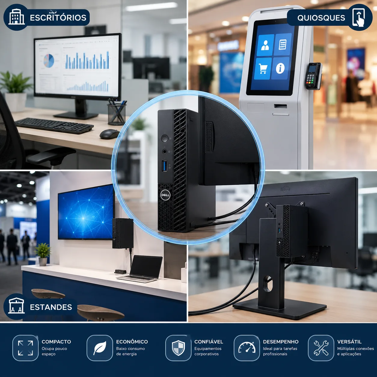 Mini PC corporativo instalado em escritório, quiosque e estande de evento