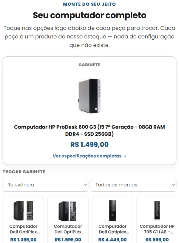 O montador no celular: card do gabinete escolhido e carrossel horizontal com as outras opções abaixo