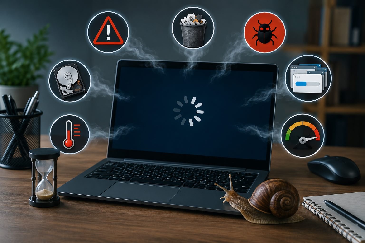 Notebook lento com ícones de problemas de desempenho