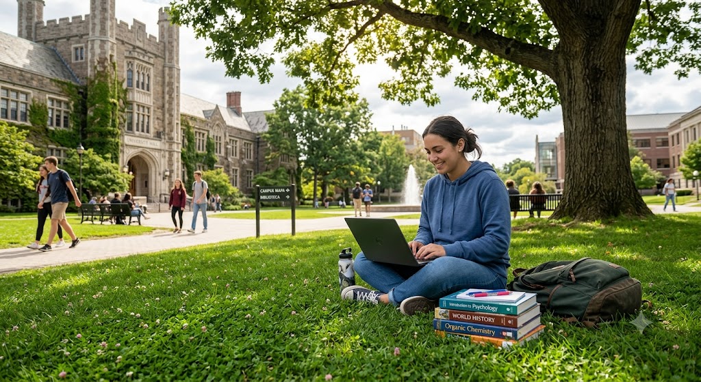 Estudante usando notebook corporativo usado no campus