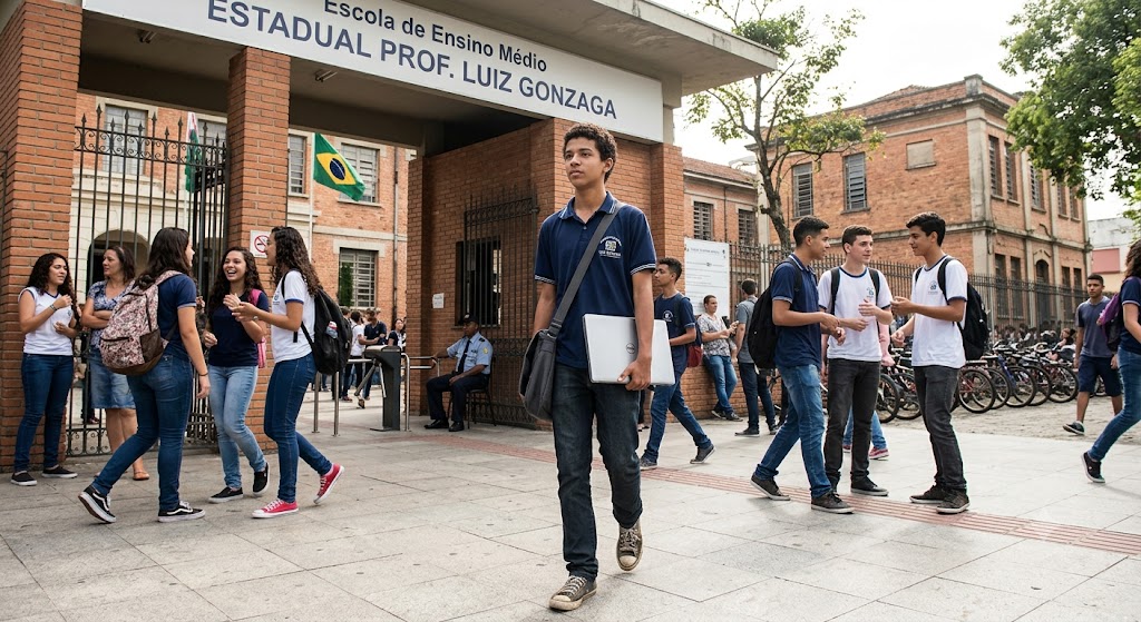 Estudante do ensino médio usando notebook para estudar
