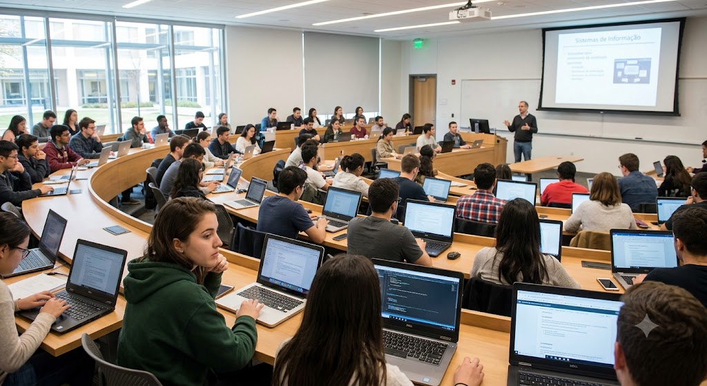 Estudantes de faculdade usando notebooks corporativos seminovos