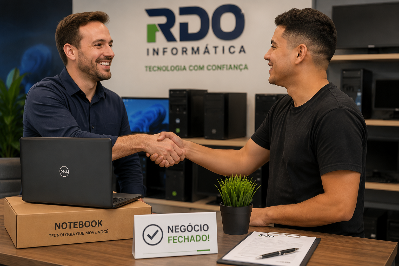 Negócio fechado com sucesso: compra segura de computador usado com garantia