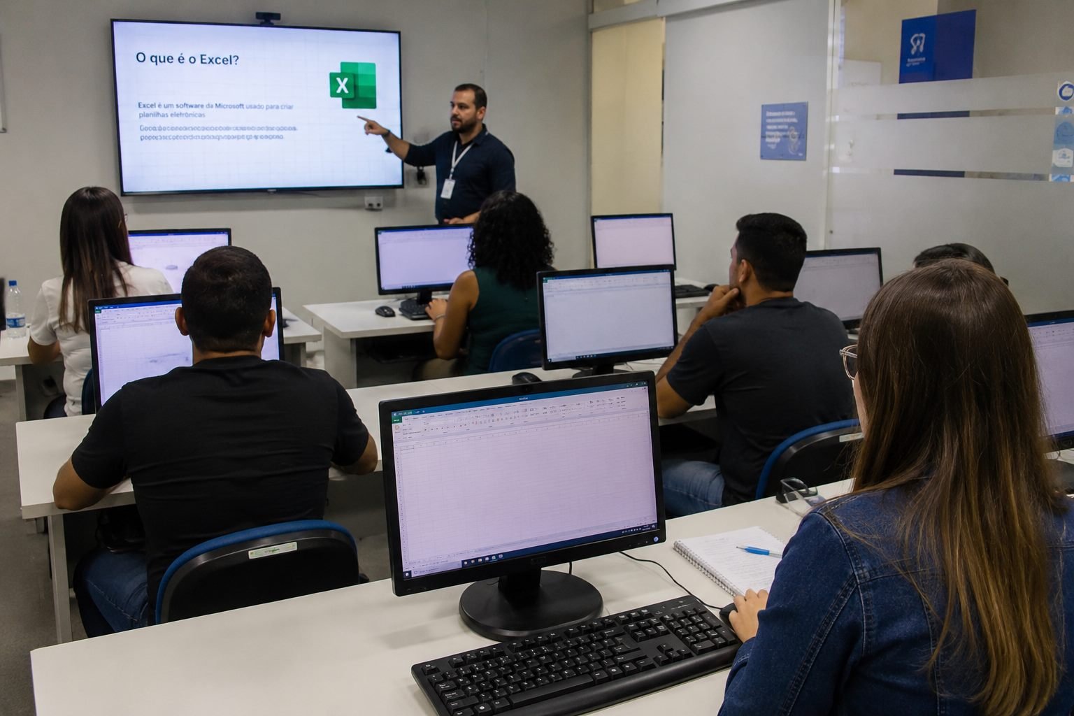 Sala de curso de informática equipada com computadores