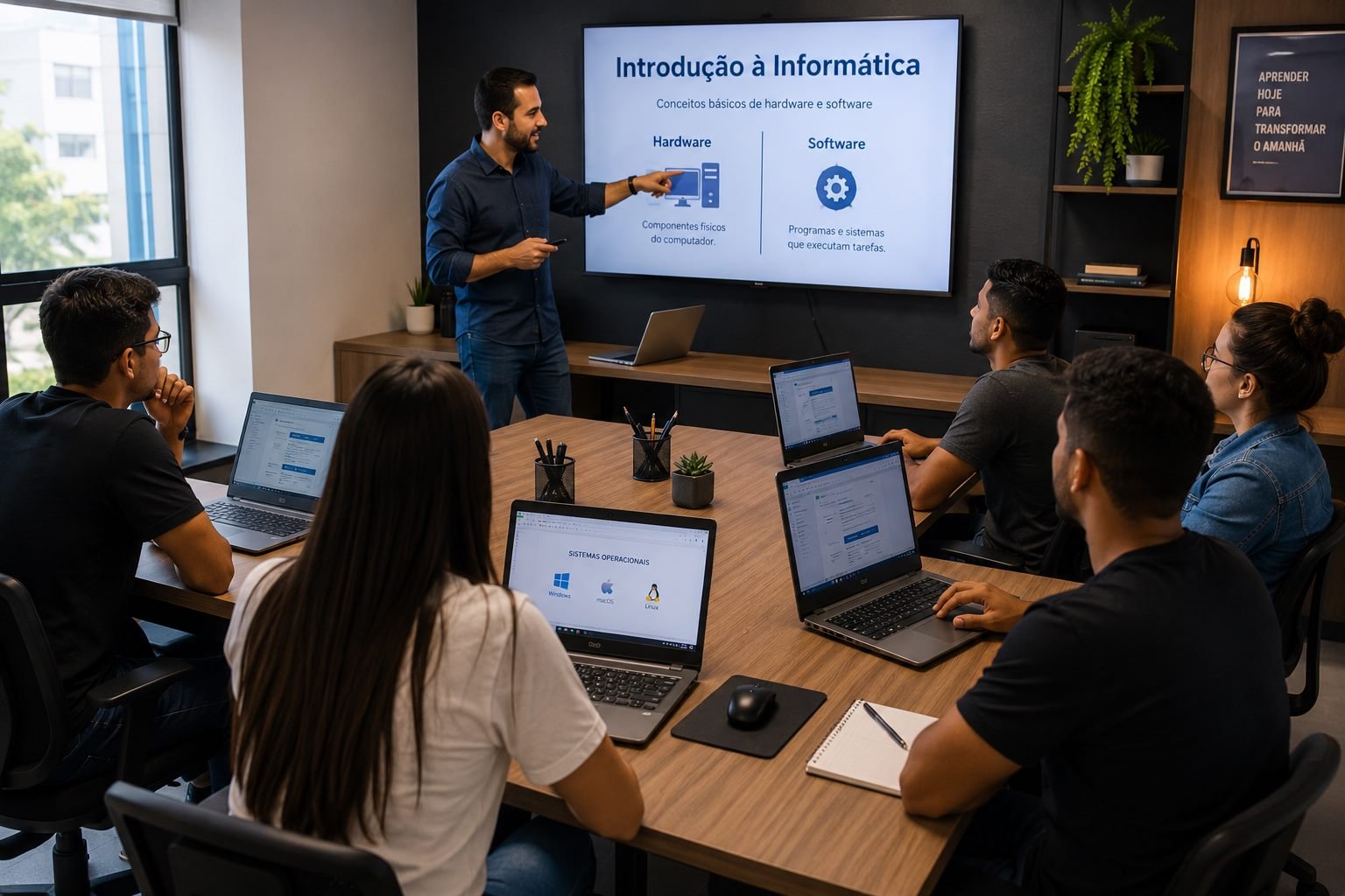Alunos em curso de introdução à informática usando notebooks