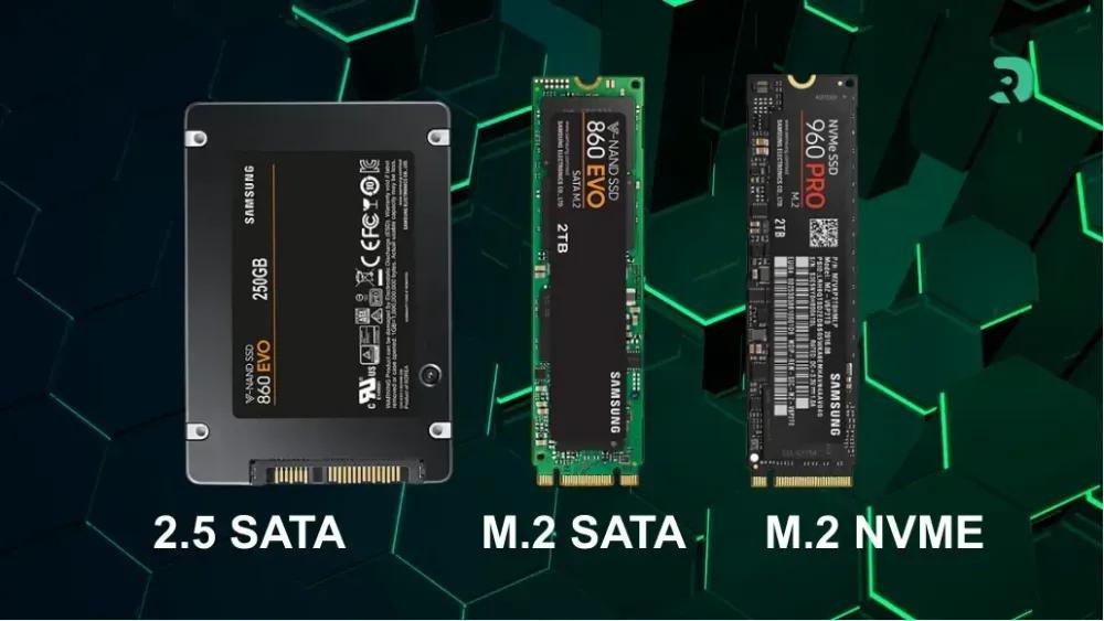Comparativo visual: 2.5 SATA, M.2 SATA e M.2 NVMe