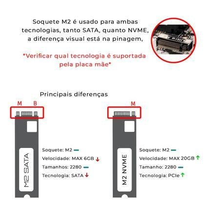Infográfico mostrando diferença entre M.2 SATA e M.2 NVMe pela pinagem